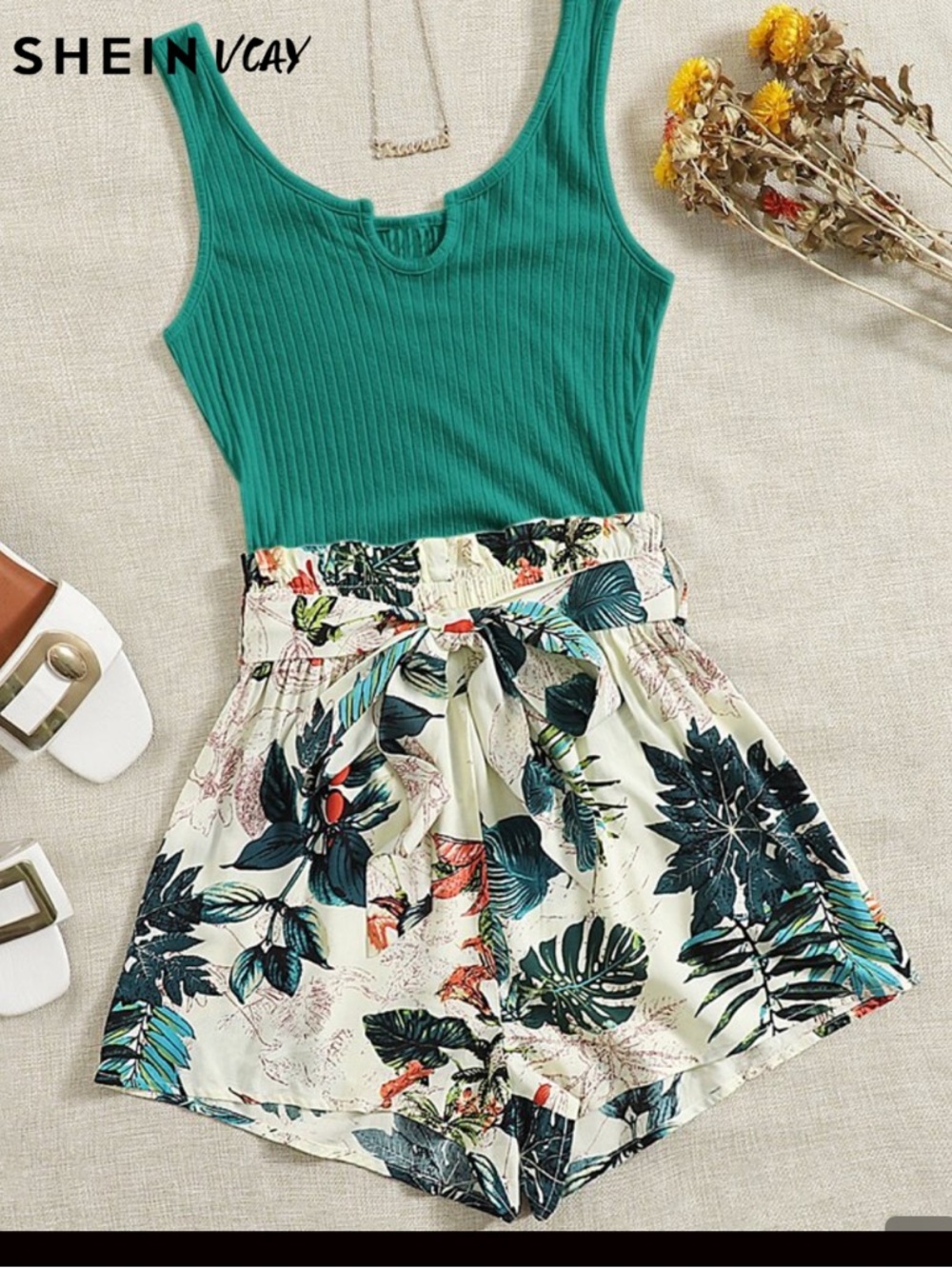 NWOTs SHEIN Emerald Green Ribbed Tank with Cream Tropical Tie-Waist Shorts
